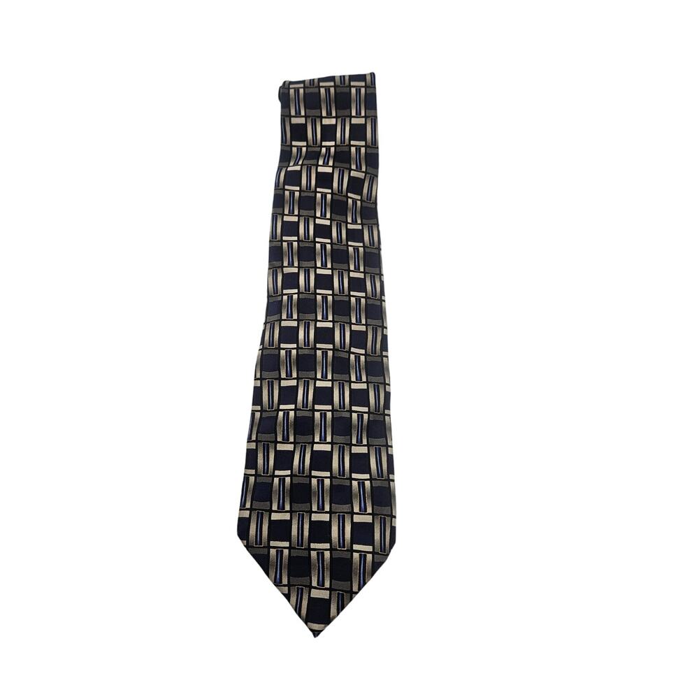 Fenzia Vintage Men's Silk Tie‎ Made in Italy Geometric 60"  Black Gold Blue